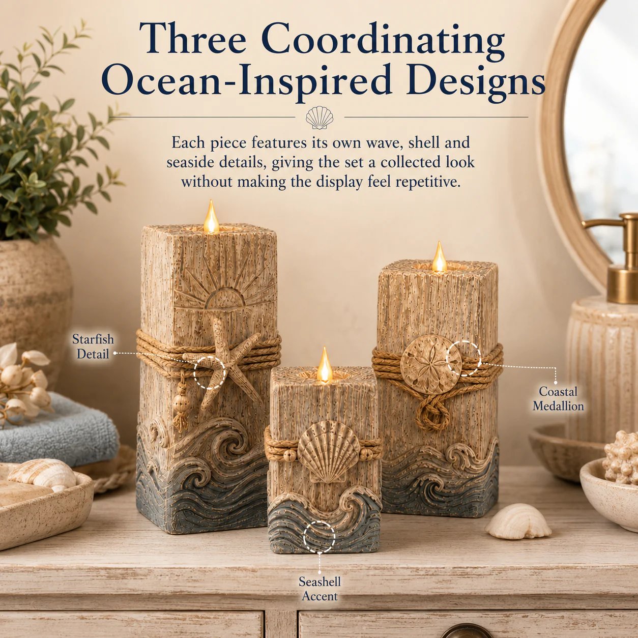 Three individual ocean candle designs with waves and starfish