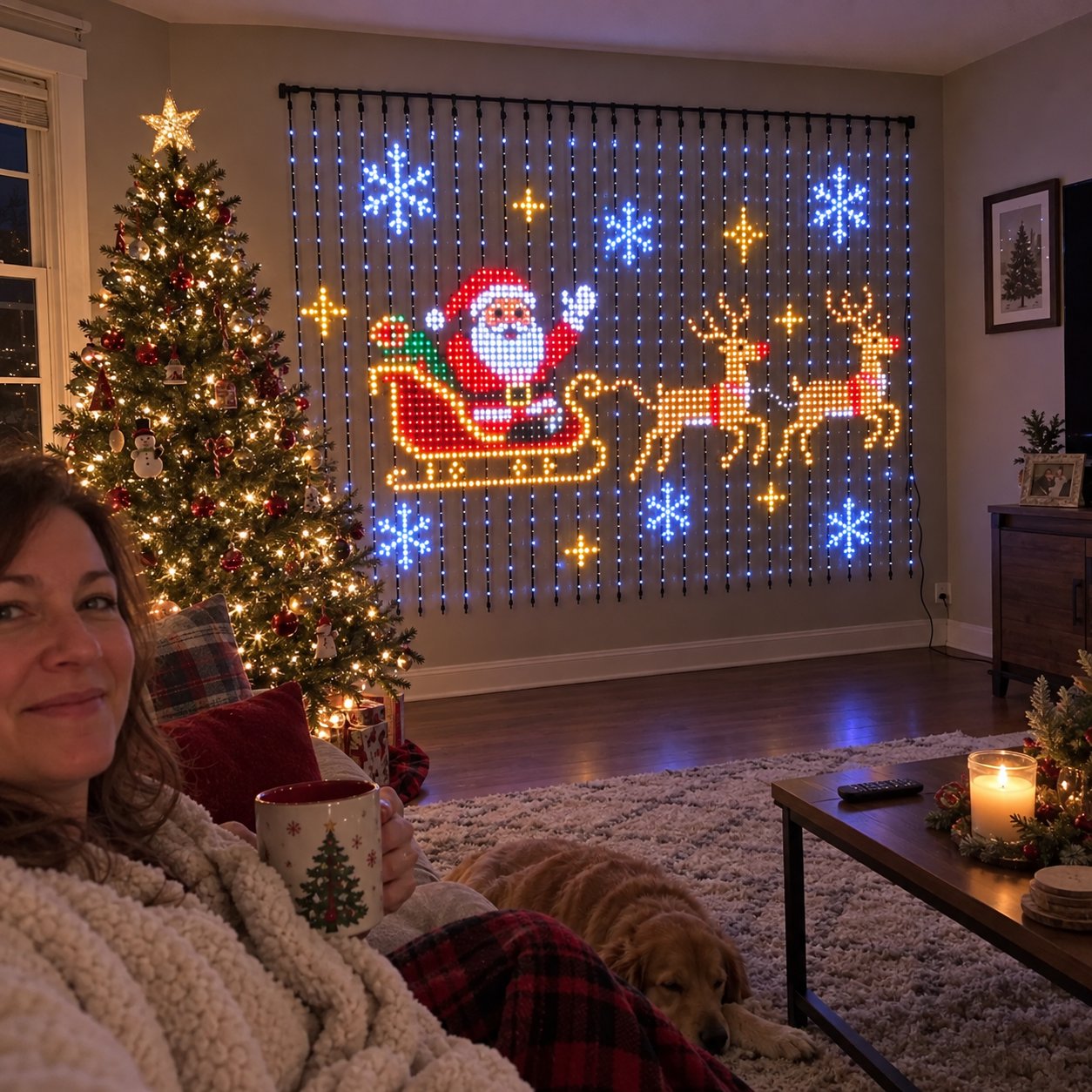 Santa and reindeer lights beside a living-room Christmas tree