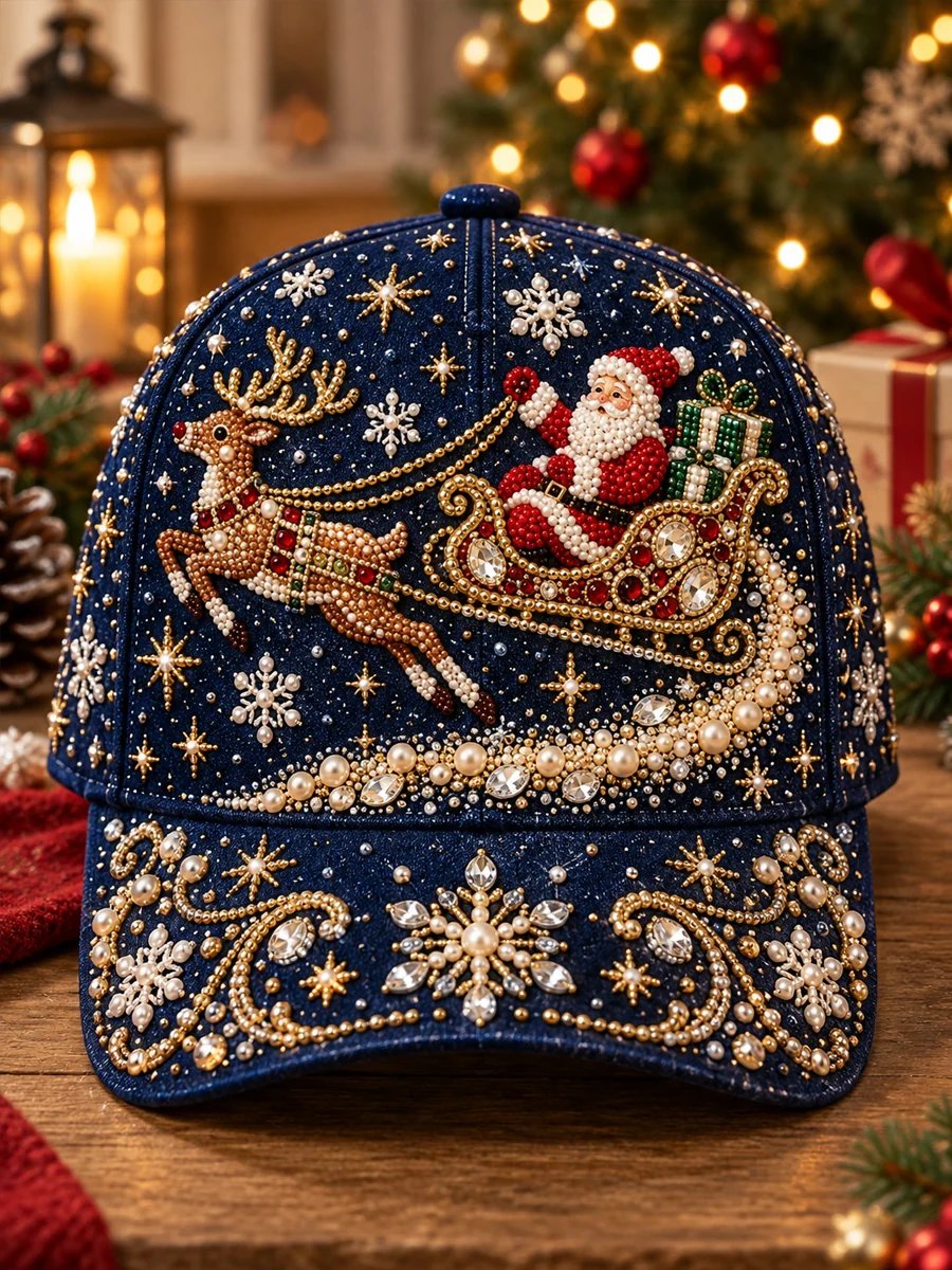 Reindeer-drawn sleigh Christmas baseball cap design