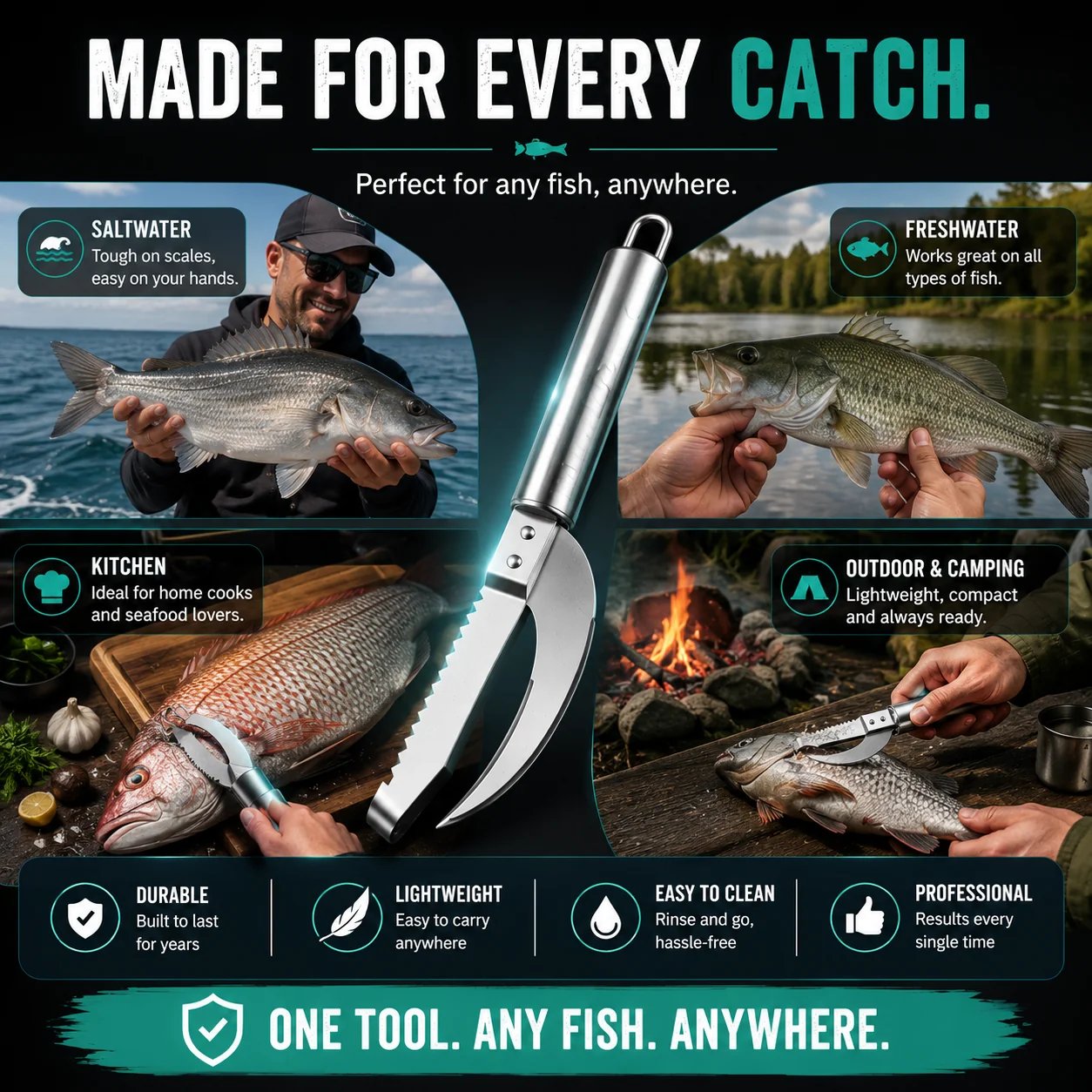 Polished stainless steel fish cleaning tool