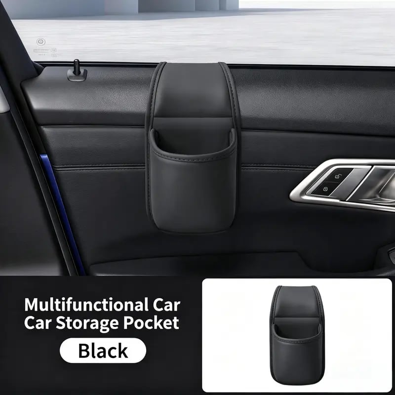 Faux leather car door storage pocket