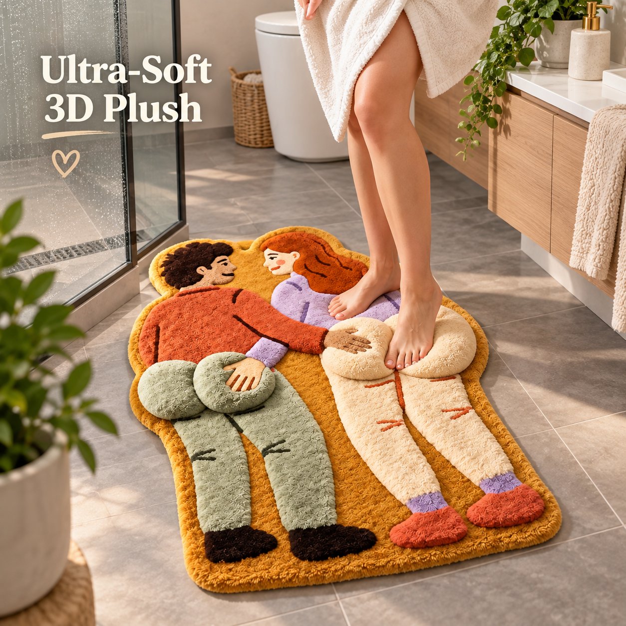 Plush 3D details of the cheeky couple bath rug
