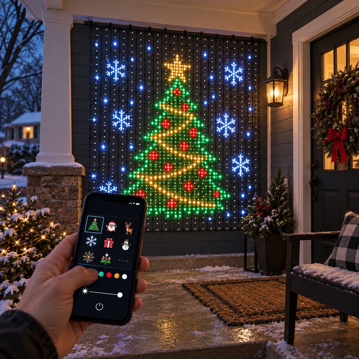 A phone controlling a Christmas-tree light curtain on a covered porch A phone controlling a Christmas-tree light curtain on a covered porch