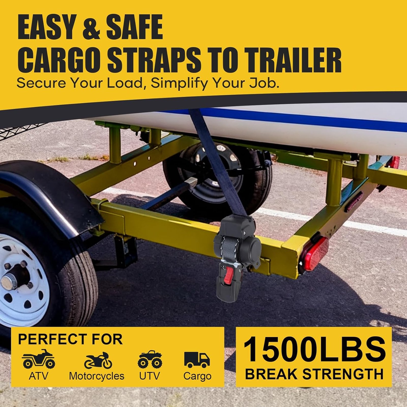 HQinX Retractable Ratchet Straps - 1 in x 10 ft Medium Duty Bolt-on Tie Down Straps, 1500lbs Break Strength for Cargo, Boat, Motorcycles, ATV (2pk)