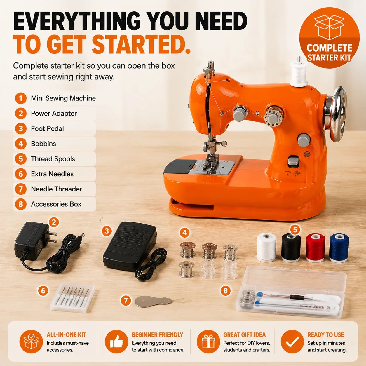 Mini sewing machine starter kit with foot pedal power adapter bobbins thread and sewing accessories