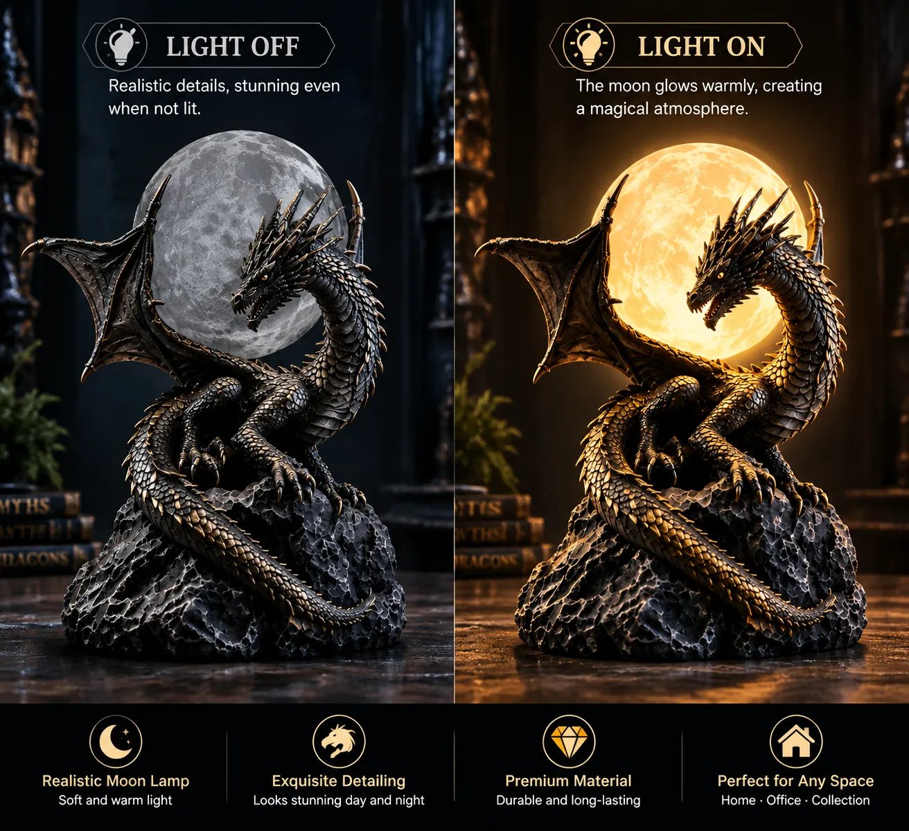 Dragon statue day view and glowing moon night display