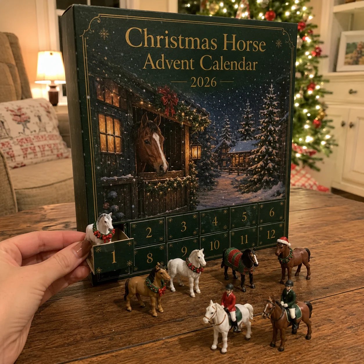 Customer opening a numbered horse advent calendar drawer