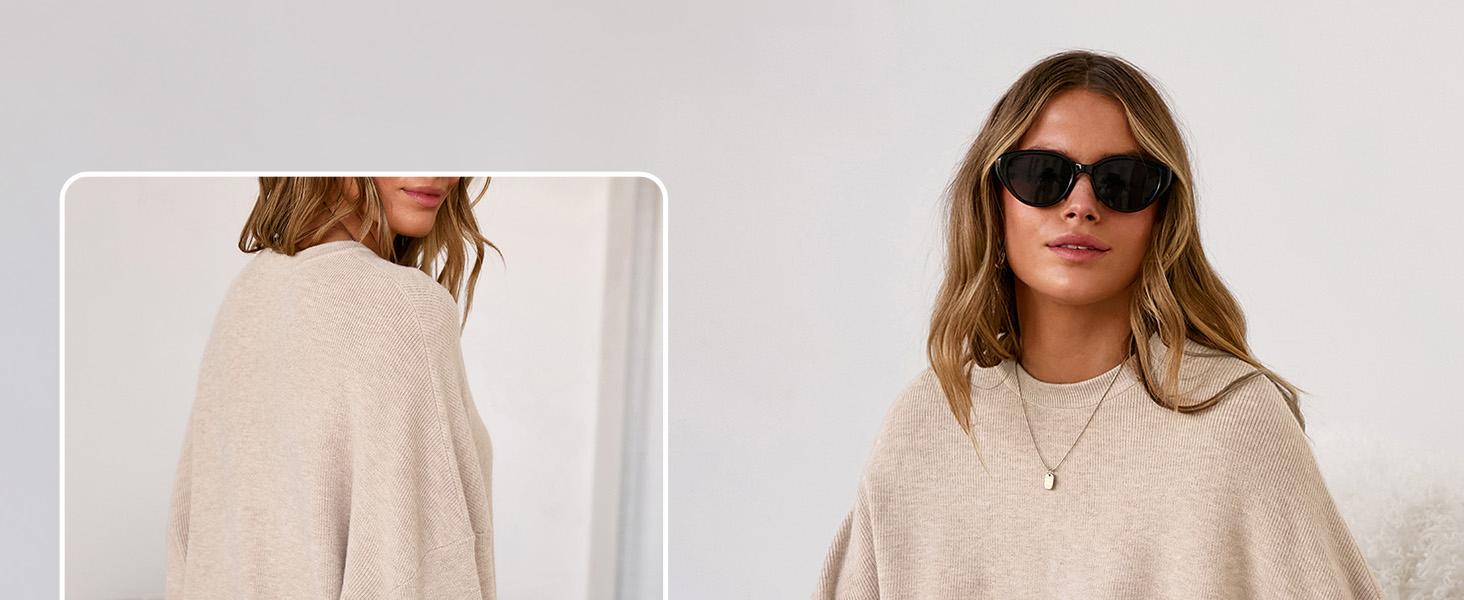 Arach&Cloz Women's Wool Blend Oversized Sweaters Crewneck Casual Spring Outfits Fashion Tops SummerVibes