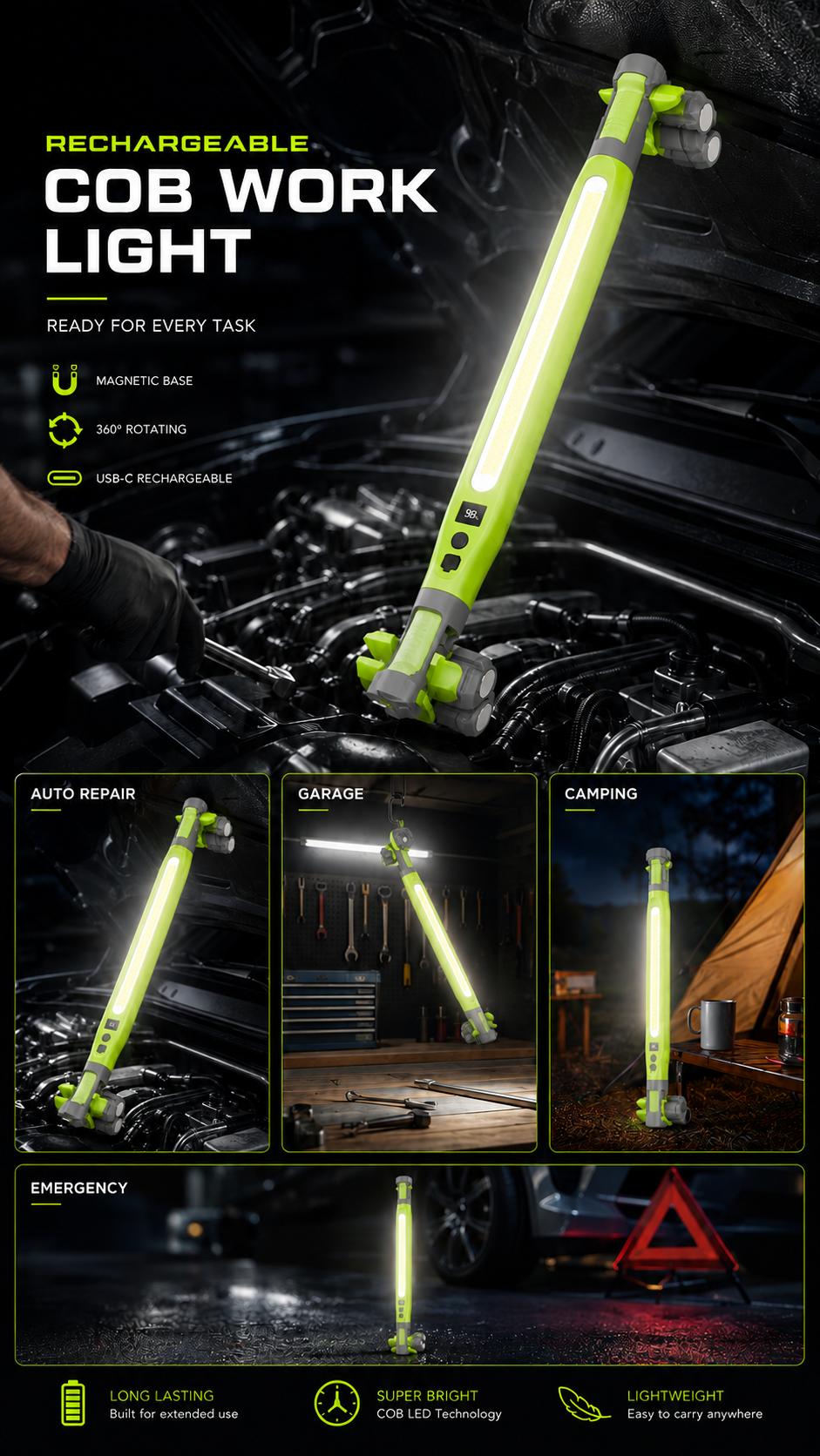 Rechargeable COB Work Light, USB-C Magnetic LED InspectionLight with Hook & Clamp, 360° Rotating Portable GarageMechanic Light for Car Repair, Emergency, Camping, Father'sDay Gifts for Men Dad Rechargeable COB Work Light, USB-C Magnetic LED InspectionLight with Hook & Clamp, 360° Rotating Portable GarageMechanic Light for Car Repair, Emergency, Camping, Father'sDay Gifts for Men Dad