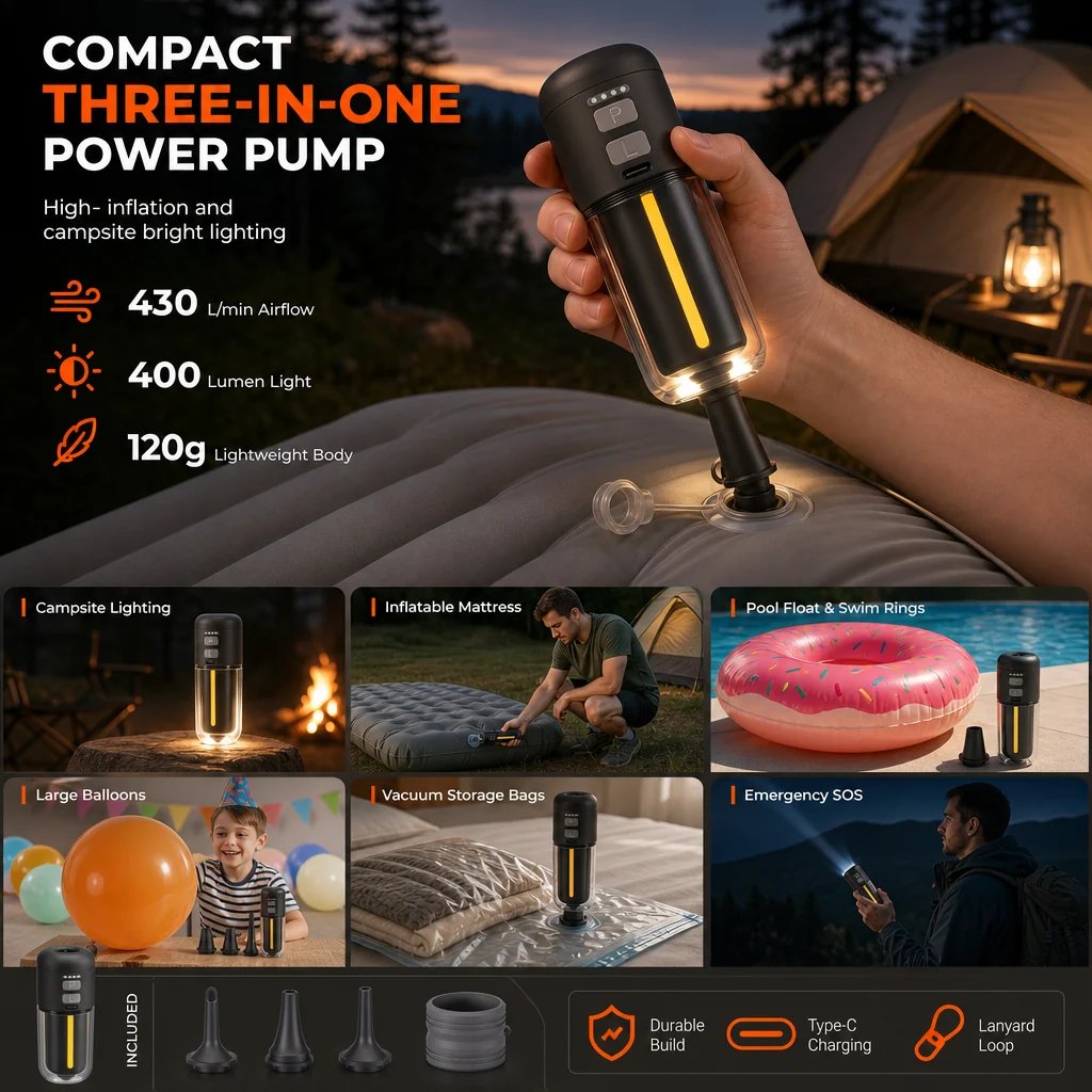 Portable 3-in-1 air pump and deflator Portable 3-in-1 air pump and deflator