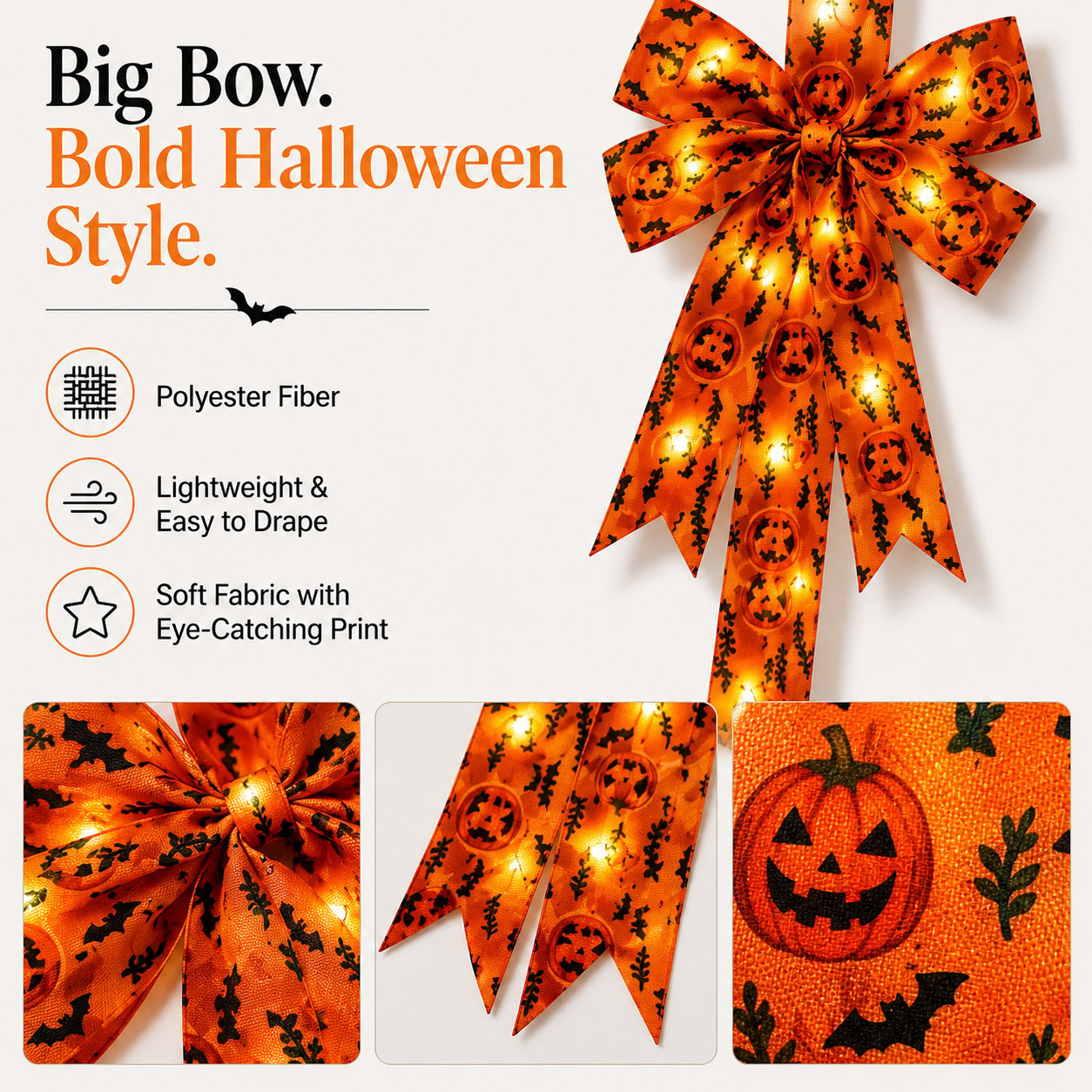 Close-up of Halloween cabinet door bow ribbon details
