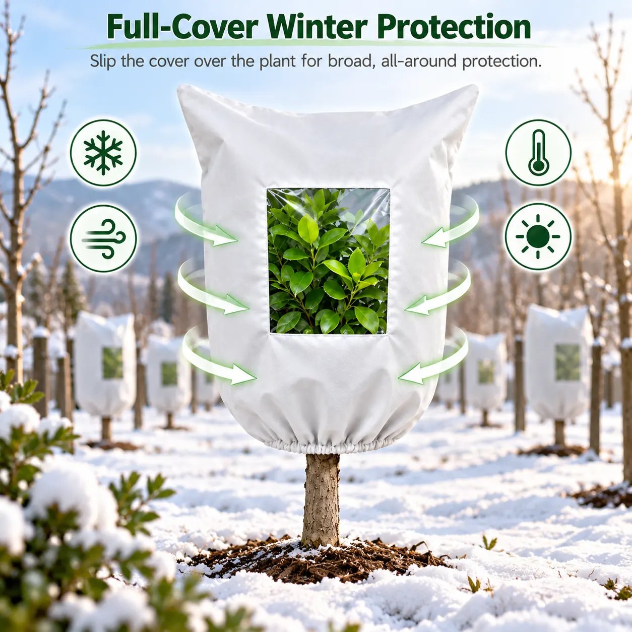Full-cover winter plant protection bag around a young tree