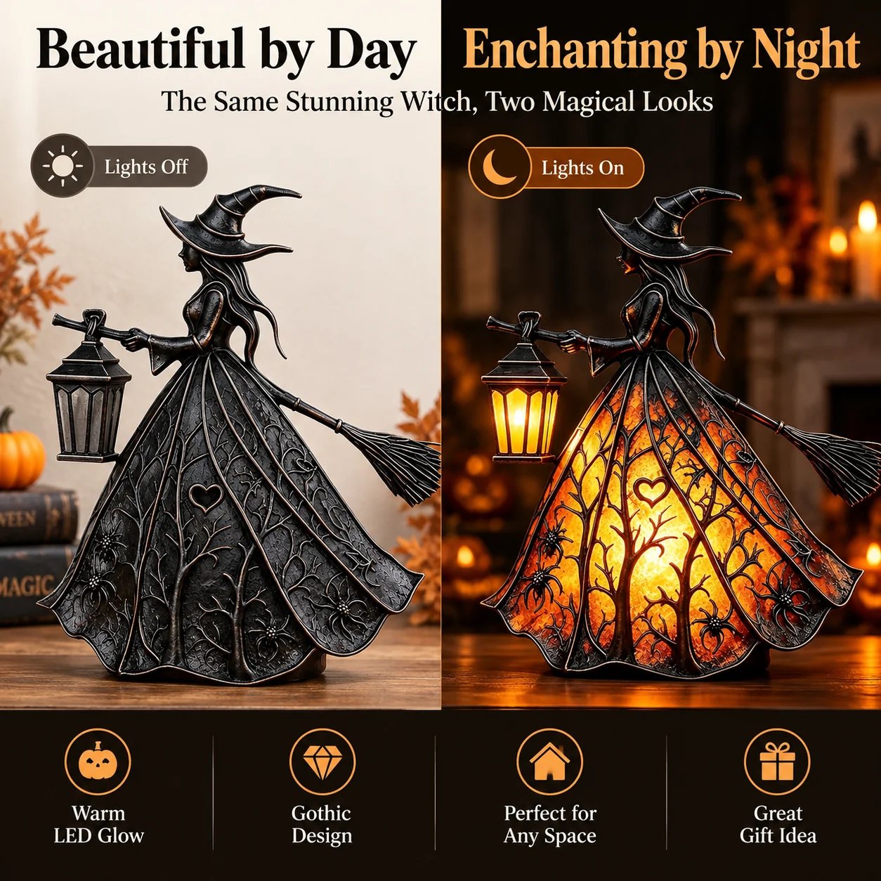 Gothic witch figurine lights off and lights on comparison