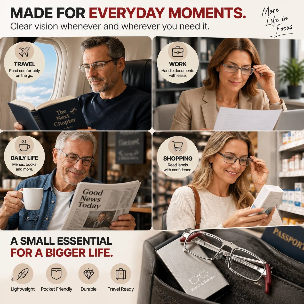 Portable reading glasses used at home work and travel