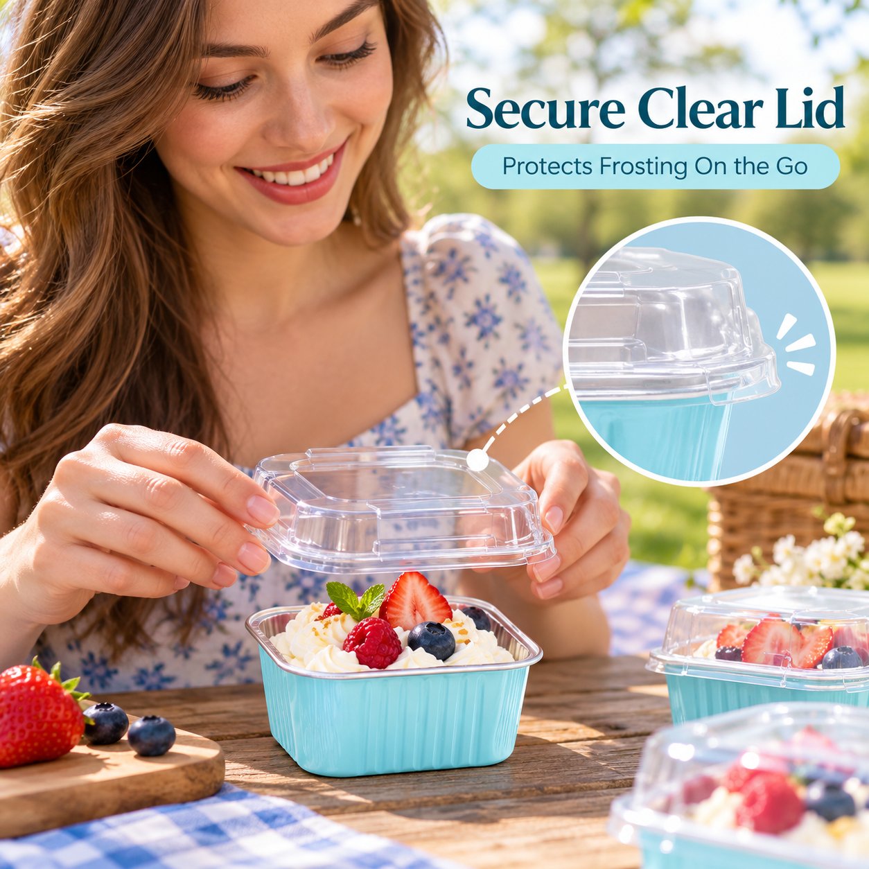 Clear lids covering individual mini desserts in aluminum foil pans