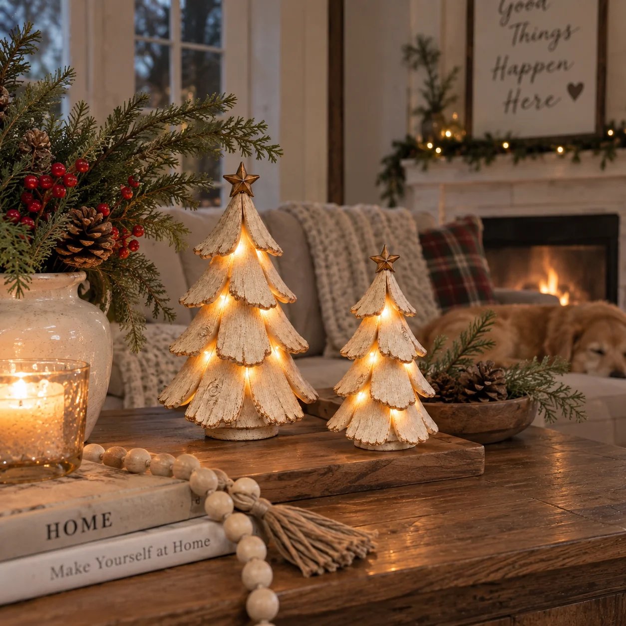 Large and small lighted Christmas trees styled together in a cozy home