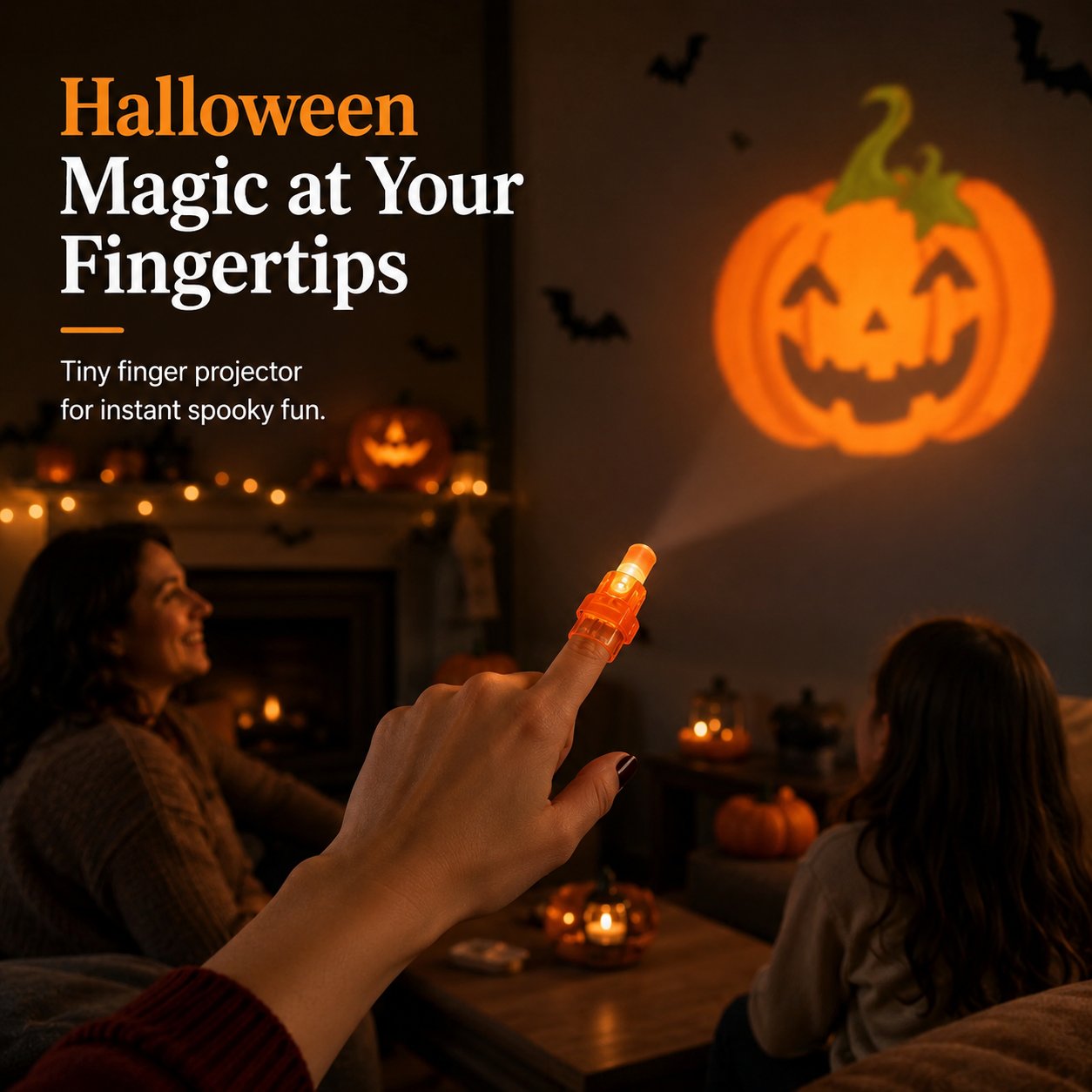 Finger-worn Halloween mini projector casting a pumpkin pattern onto a wall in a decorated living room