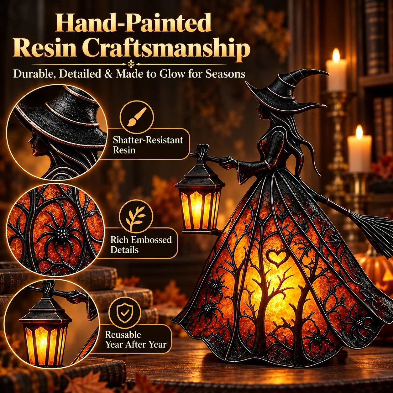 Gothic witch figurine styled with Halloween decorations