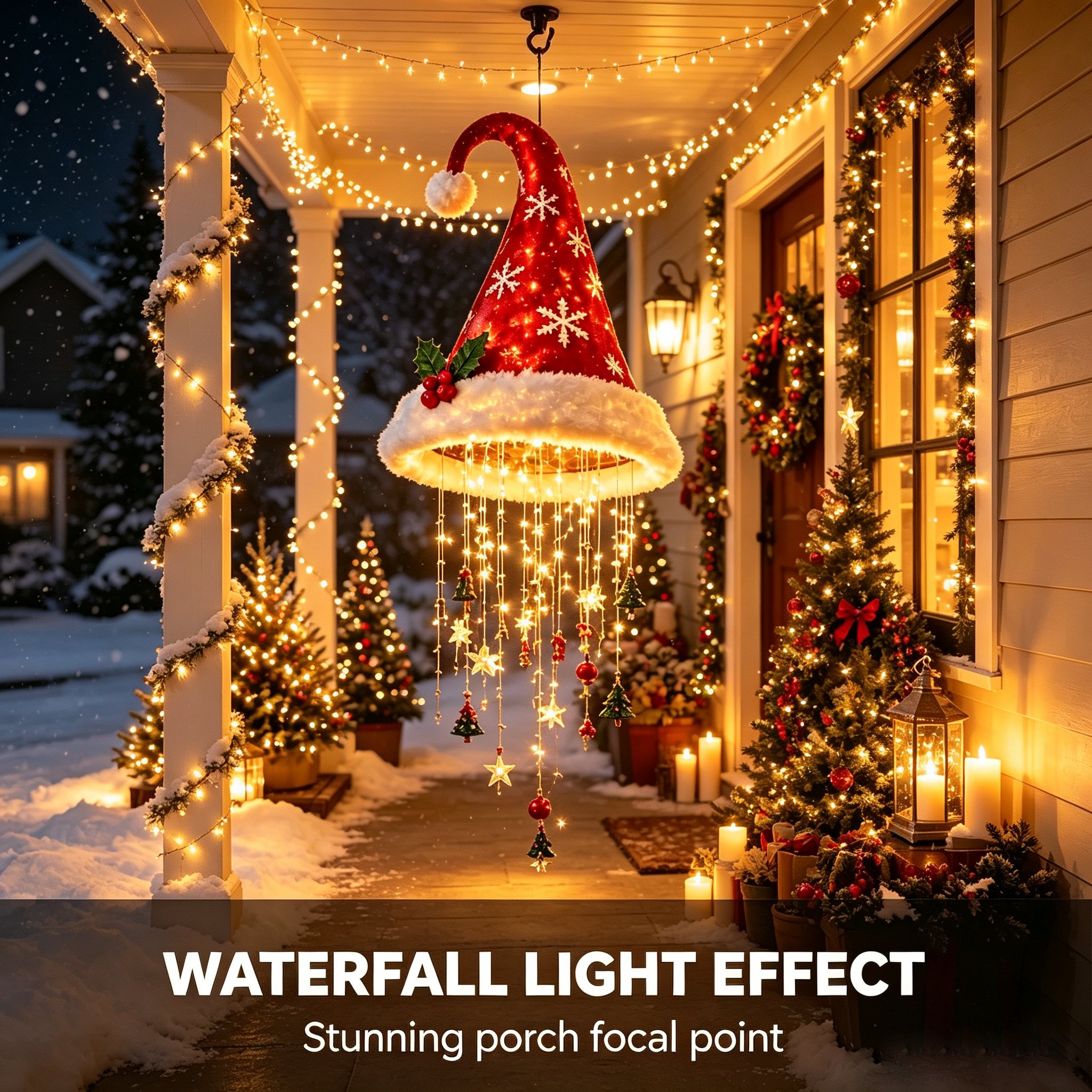 Waterfall light effect on covered Christmas porch
