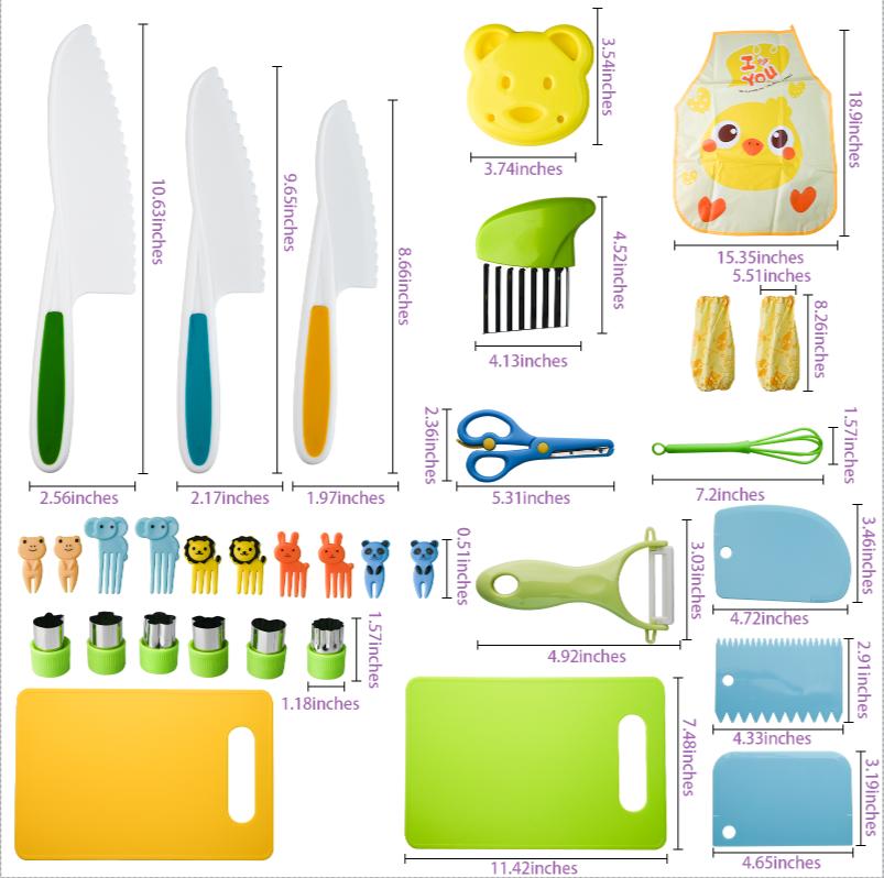 BOBOME 32 Pcs Kitchen Knife Set for Vegetables, Fruits, Cheese, and Other Foods with Safe Grip Handles - Durable PP Material for Kids Utensils Kitchenware