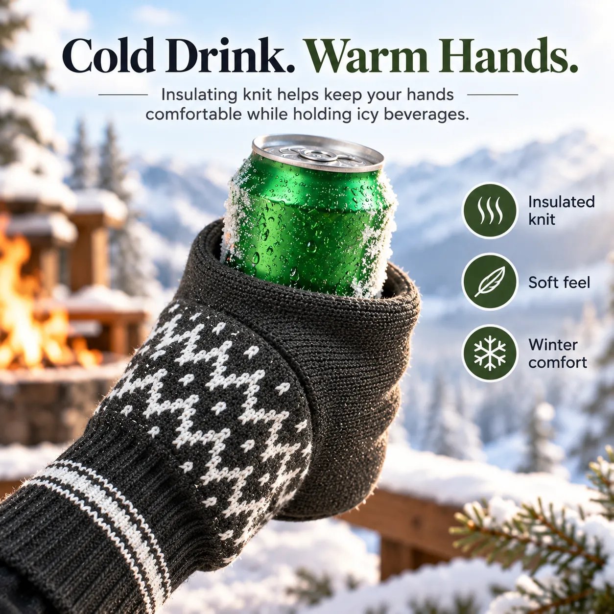 Beer mitten glove creating a soft knit barrier around a cold beverage