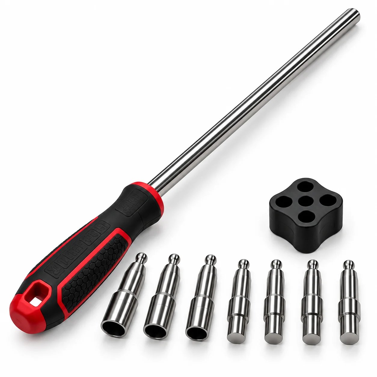 Red handle wheel fitting assistant with seven adapters
