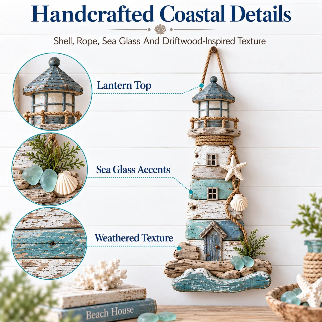 Close-up of coastal lighthouse decor with lantern top, sea glass, seashells, rope and weathered finish