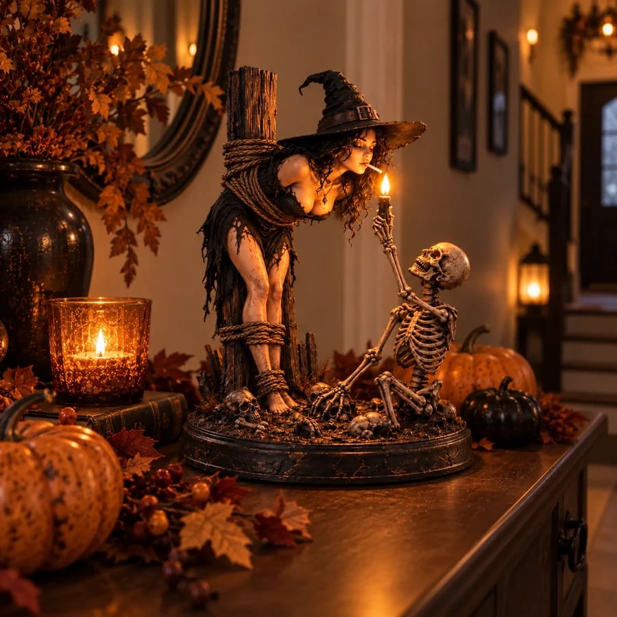 Halloween-Fireplace Mantel mit Hexen-Skelettfigur