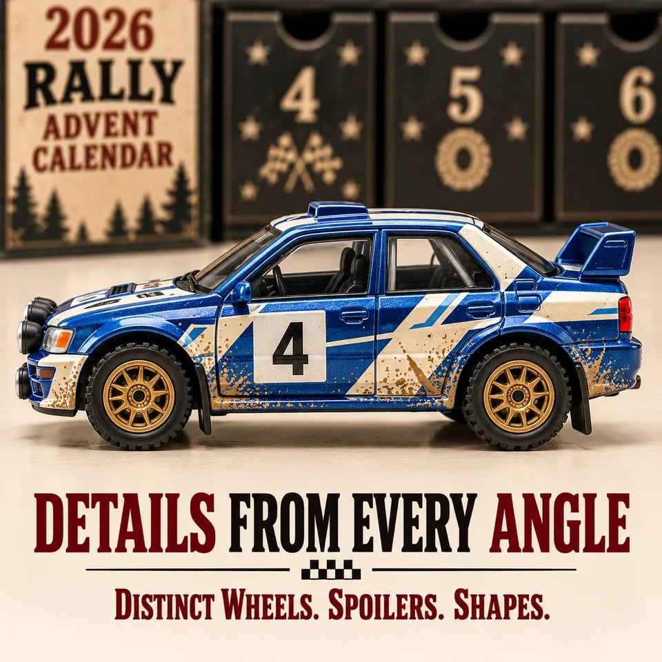 Blue miniature rally car with visible wheels and spoiler