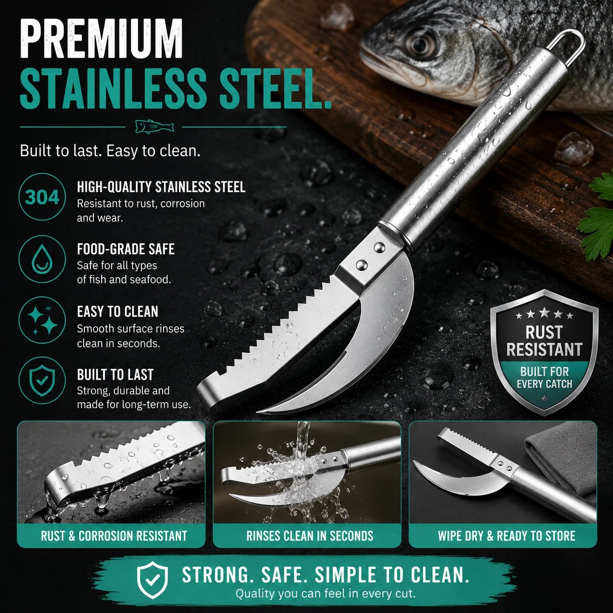 Curved blade for opening and gutting fish