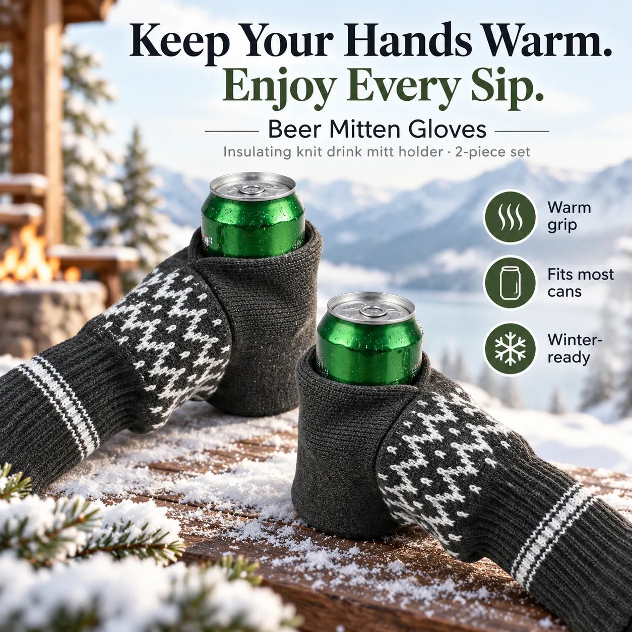 Beer mitten gloves combining winter hand warmth with a built-in beverage holder