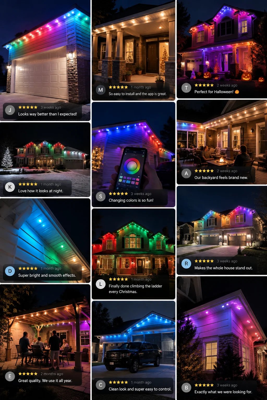 Customer photos of permanent outdoor smart lights installed on homes