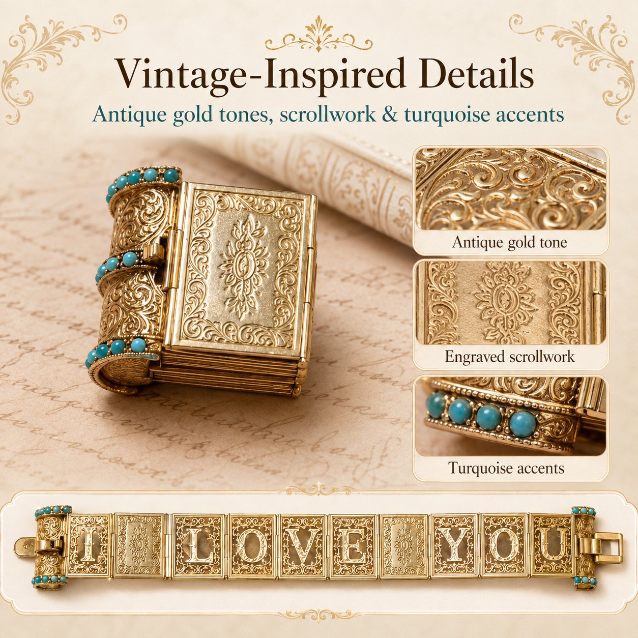 Victorian inspired folding book bracelet