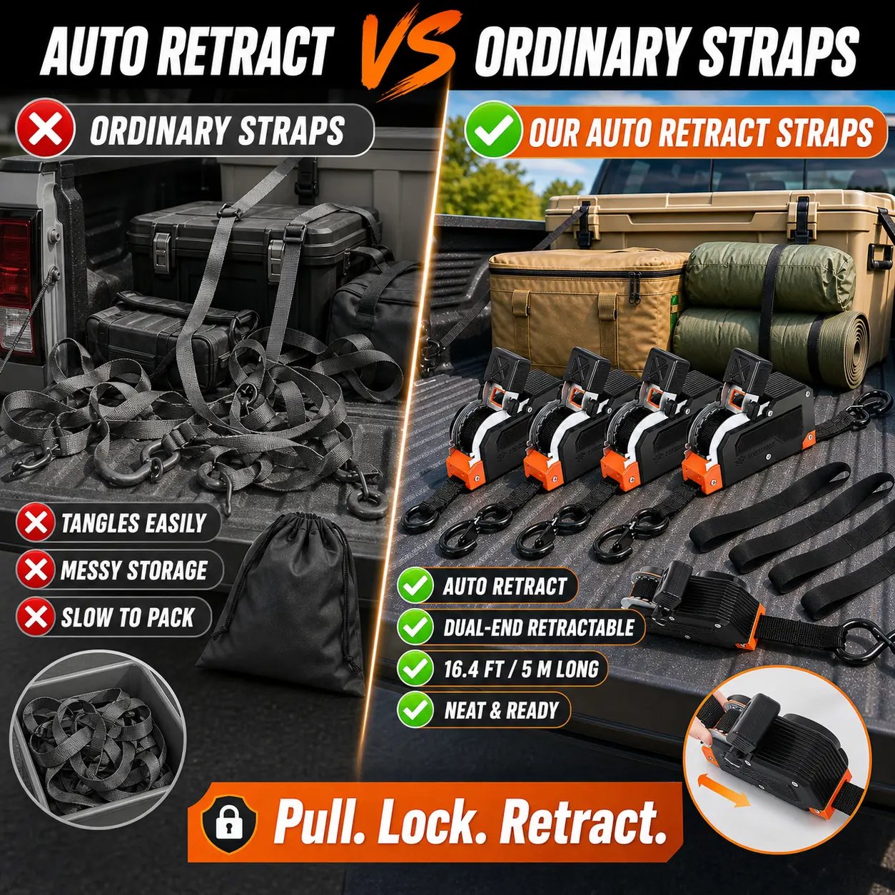 Auto retract tie down strap versus conventional straps Auto retract tie down strap versus conventional straps