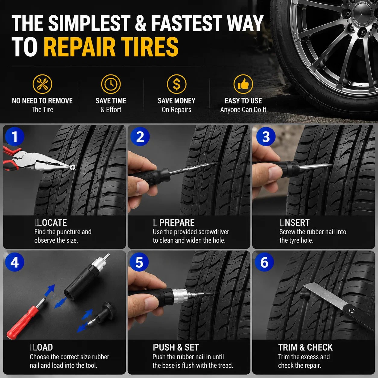 Tire repair kit for cars motorcycles scooters and trailers