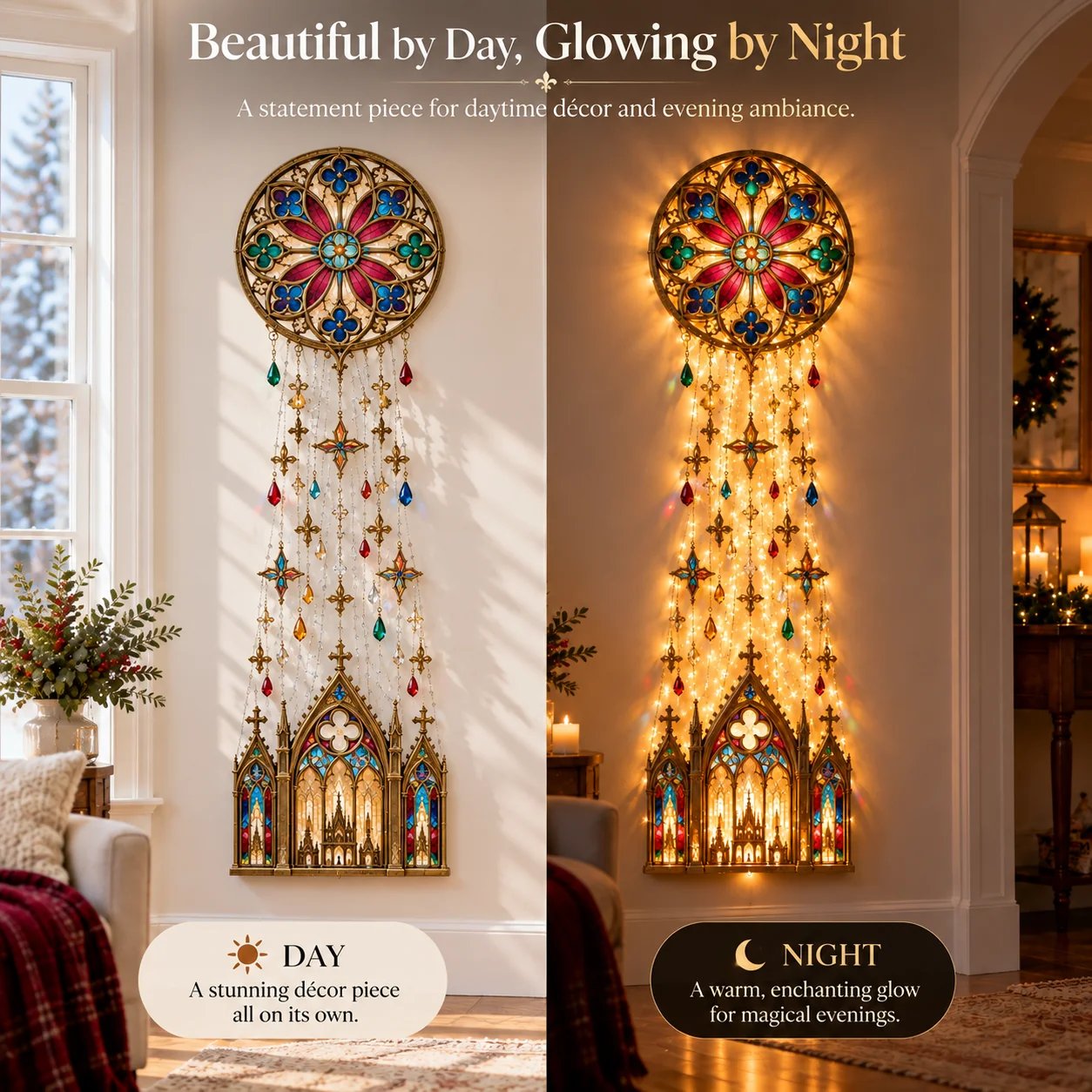 Day and night comparison of cathedral-inspired Christmas wall decoration