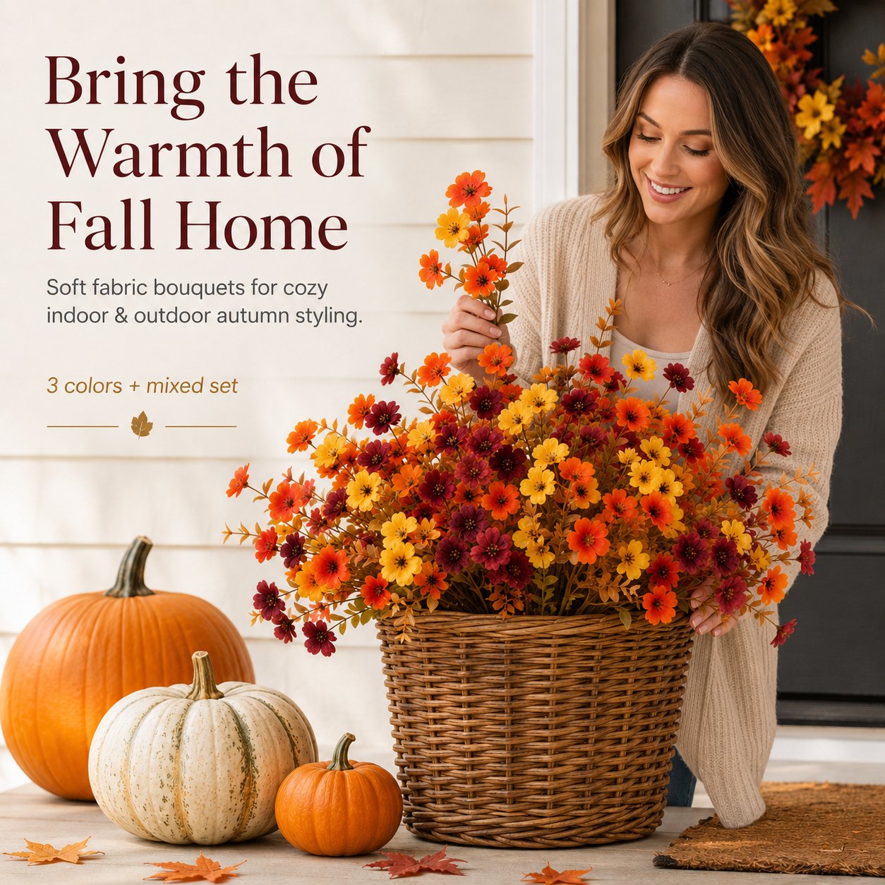 Woman arranging colorful artificial fall fabric flower bouquets on an autumn front porch