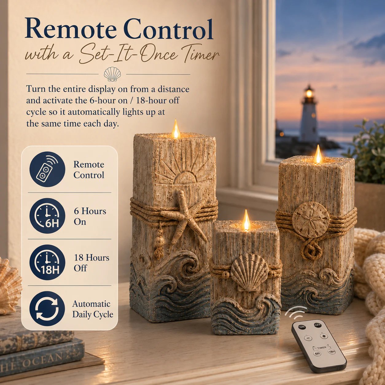 Remote control and 6-hour timer operation for LED candle set