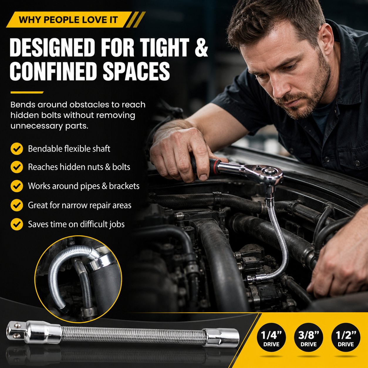 Flexible socket extension for tight spaces