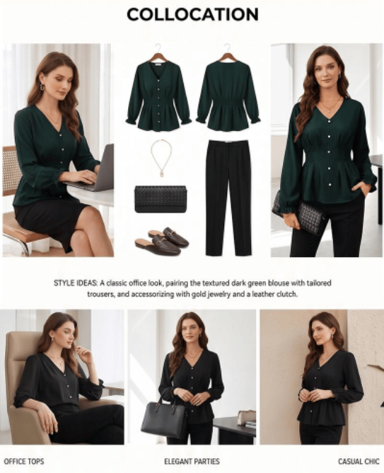 Office, party and casual blouse styling collage