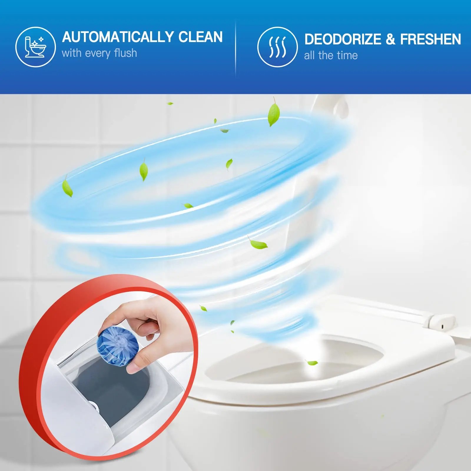Slow release blue toilet cleaner tablet in tank