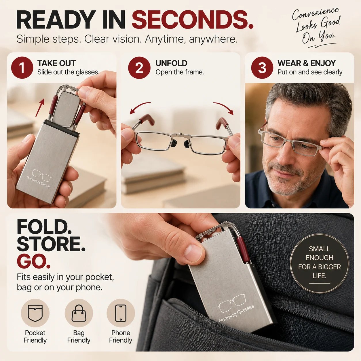 How to open use and store folding reading glasses