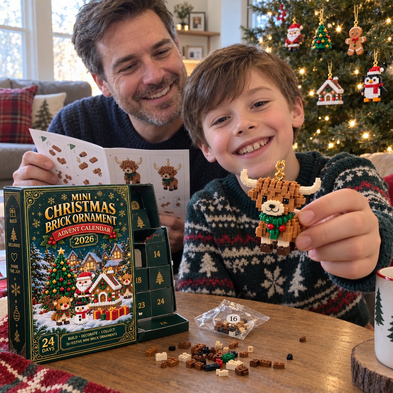 Father and son with their completed Highland Cow brick ornament