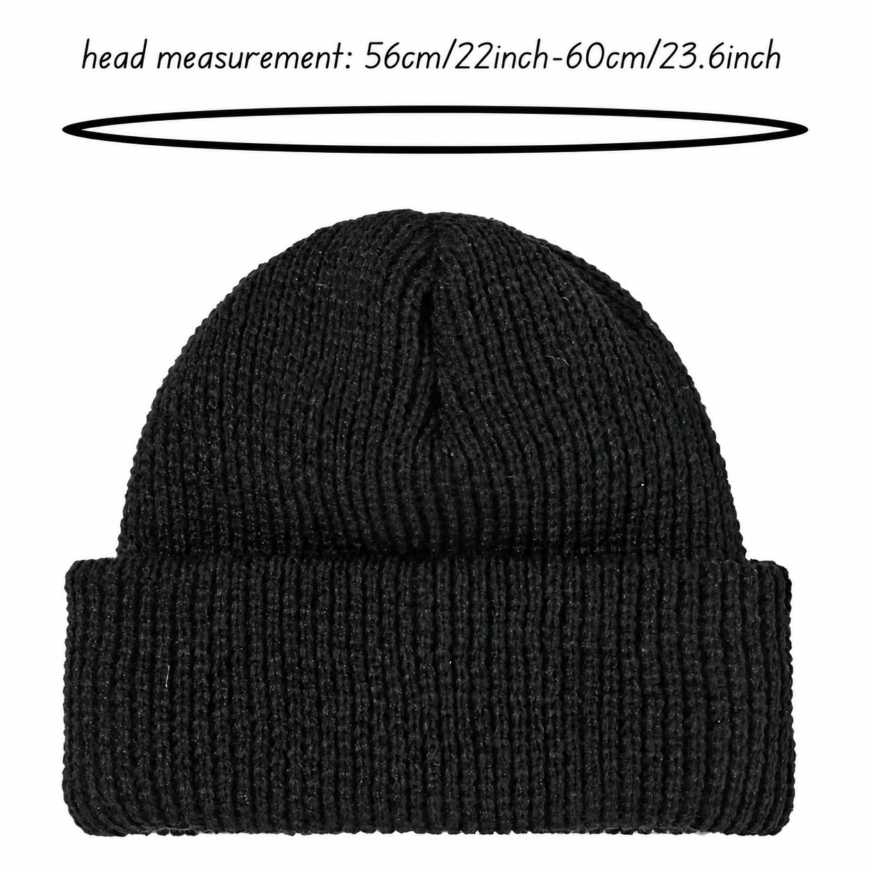 Four matching ribbed knit beanies with plain fronts and folded cuffs