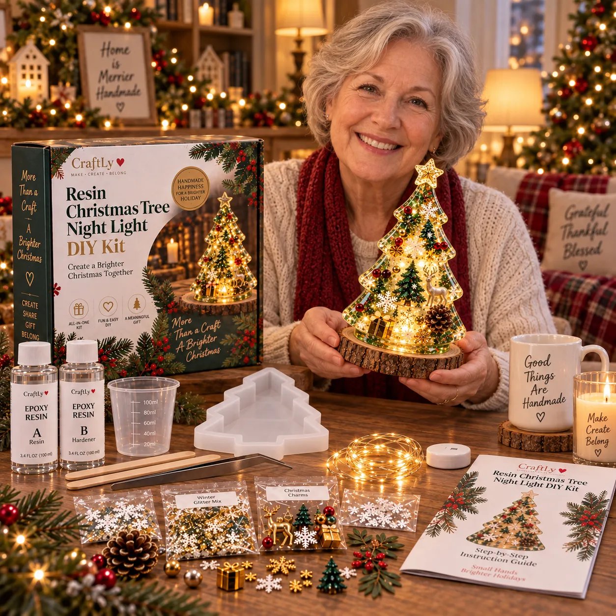 Woman holding a completed resin Christmas tree beside the DIY kit