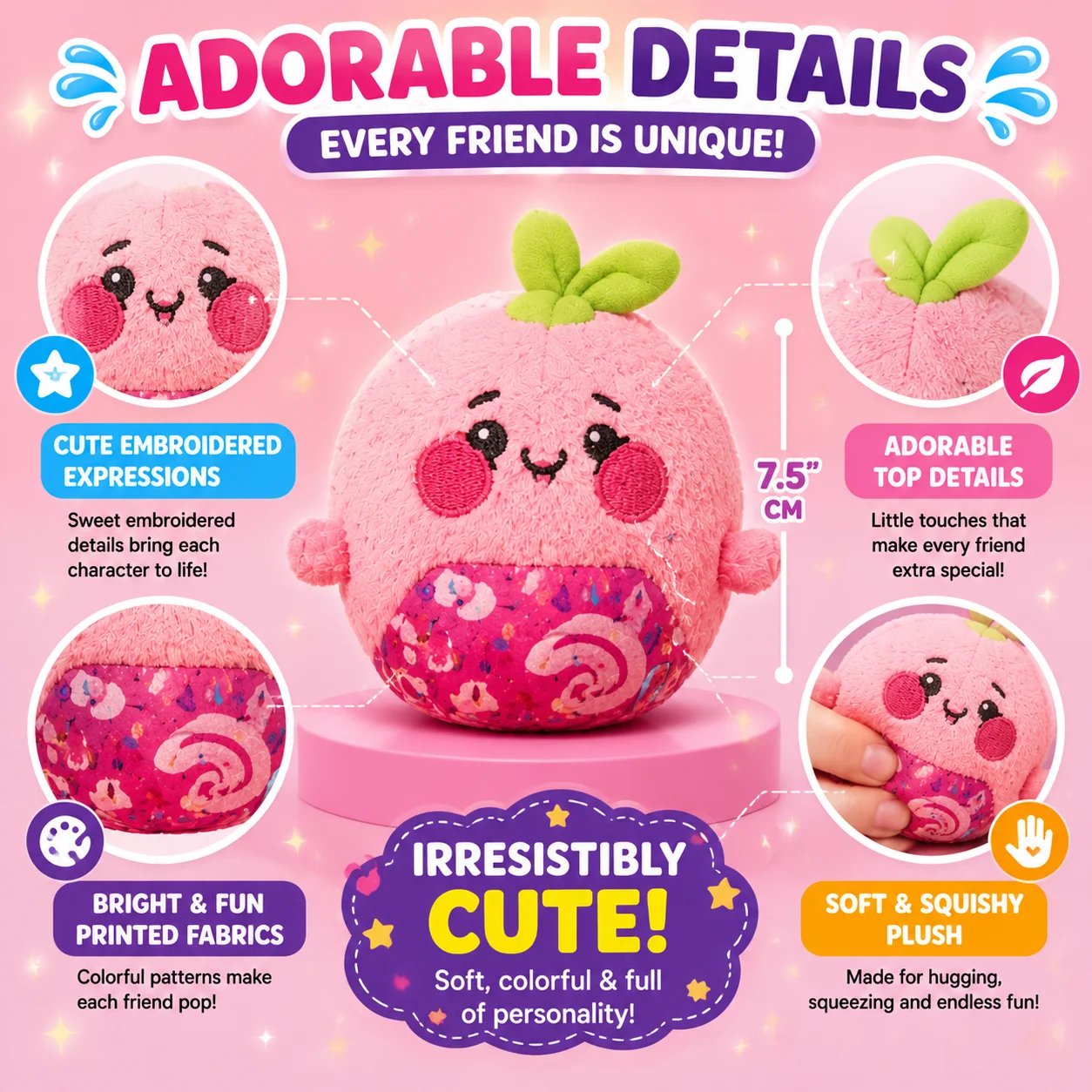 Detailed embroidered features on mystery plush character