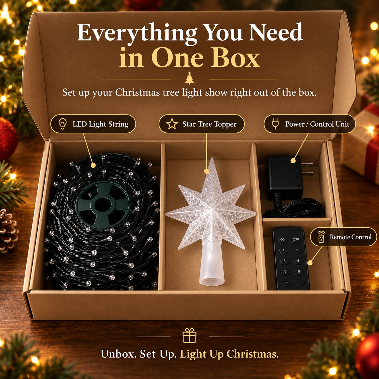 Smart Christmas tree lights kit contents