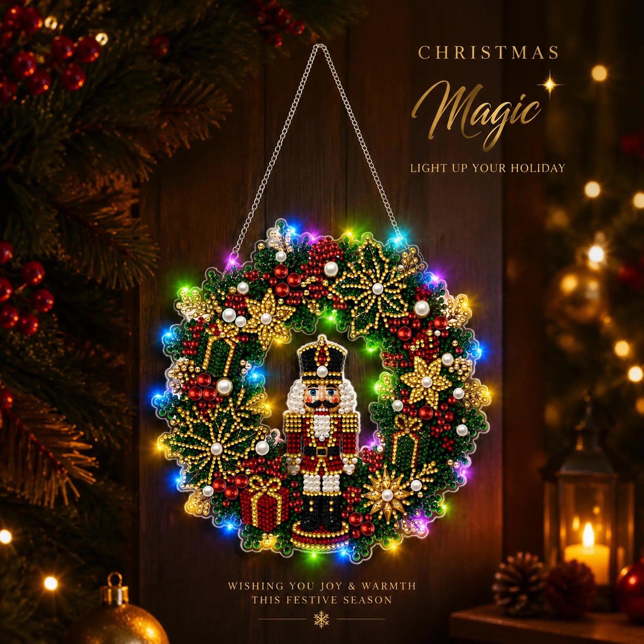 Close-up glowing Christmas diamond painting wreath