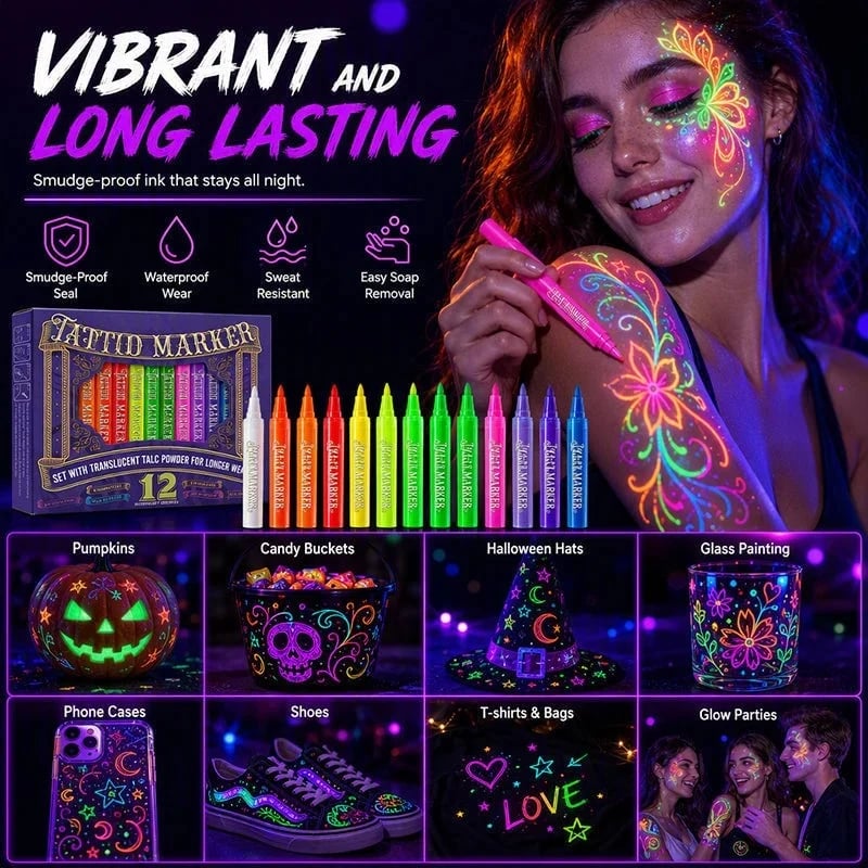 Vibrant fluorescent tattoo marker designs glowing under blacklight