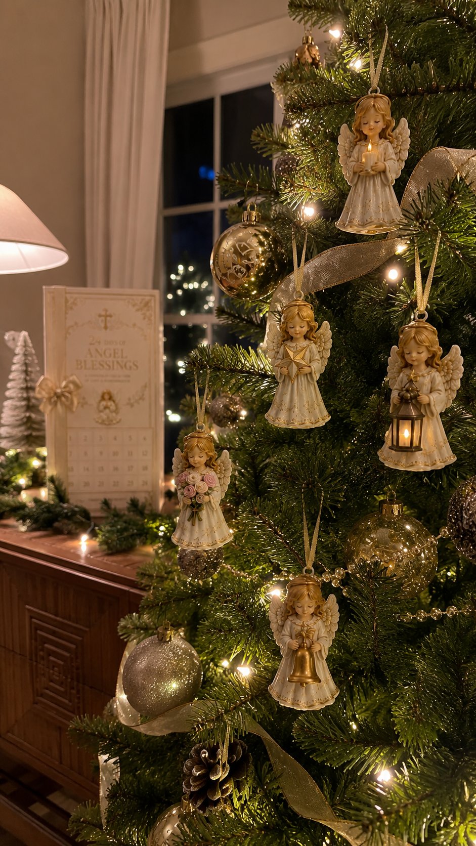 Customer Christmas tree decorated with several cream and gold angel ornaments
